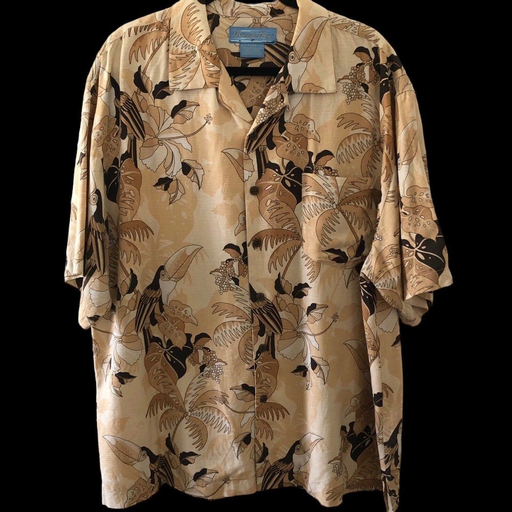 Bermuda Bay 100% Silk Floral Toucan Print Hawaiian Shirt Sz XL Brown Button Up - Picture 3 of 9